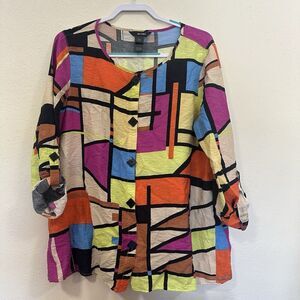 Ali Miles Geometric Print Button Up Tunic Top Size L Lagenlook Art To Wear Artsy